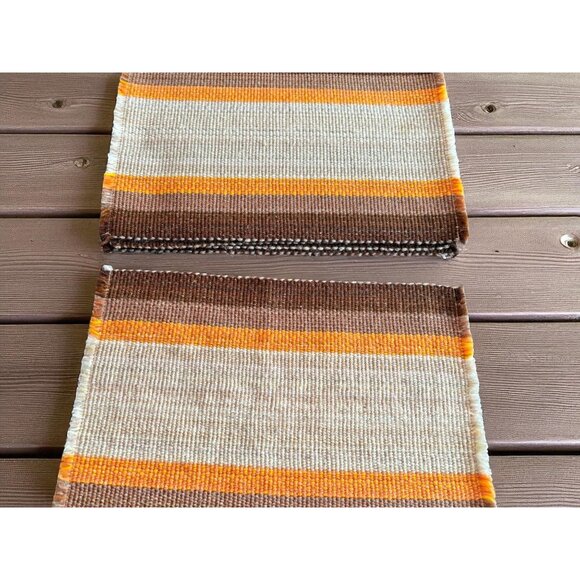 Vintage Mid Century Woven Wool Placemats Striped Brown Orange Tan Set of 6 - Picture 2 of 5